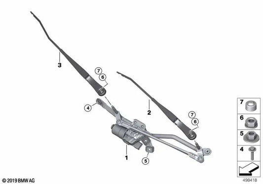 Brazo limpiaparabrisas lado del conductor para BMW Serie 1 F40, Serie 2 F44 (OEM 61617453958). Original BMW.