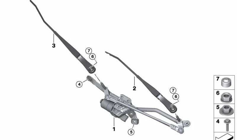 Mecanismo limpiaparabrisas con motor OEM 61615A36EB0 para BMW F40, F44. Original BMW.