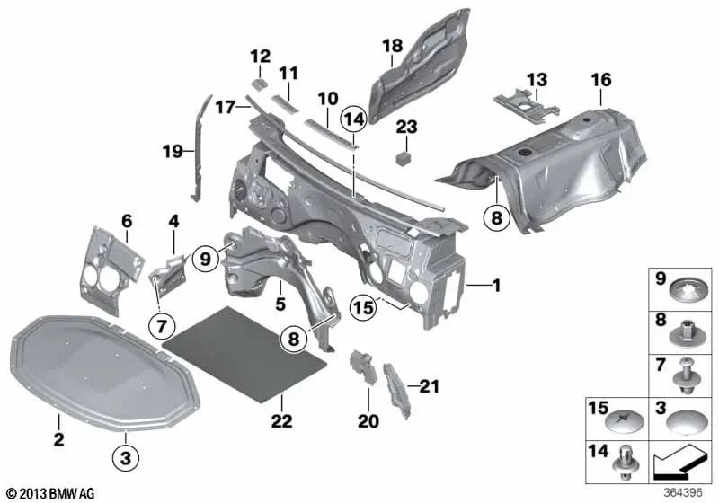 Front wall acoustic insulation fastening for BMW X3 F25, X4 F26 (OEM 51489175038). Genuine BMW