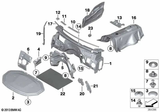 Sujeción del aislamiento acústico pared delantera para BMW X3 F25, X4 F26 (OEM 51489175038). Original BMW