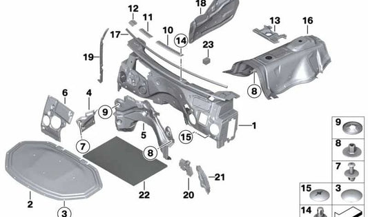 Aislamiento acústico del tabique delantero izquierdo para BMW X3 F25, X4 F26 (OEM 51489175061). Original BMW