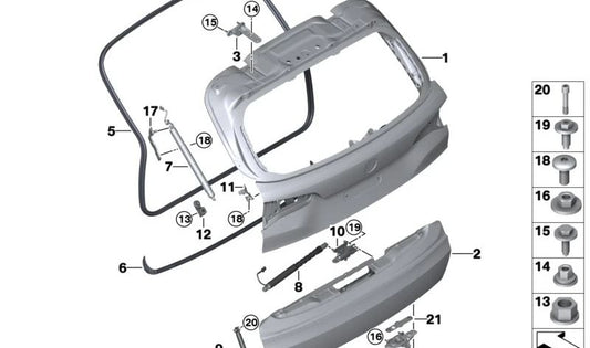 Bisagra inferior izquierda del portón trasero OEM 41007486551 para BMW G05, G18, F95, G07. Original BMW.