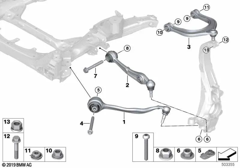 Brazo de control con soporte de goma derecho para BMW X5 F95, F95N, X6 F96, F96N (OEM 31108093824). Original BMW