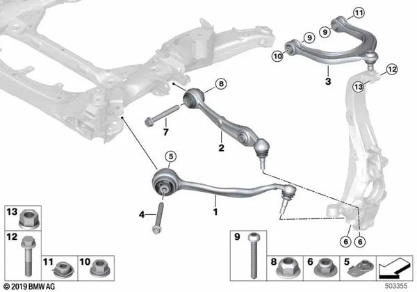 Brazo de control con soporte de goma derecho para BMW X5 F95, F95N, X6 F96, F96N (OEM 31108093824). Original BMW