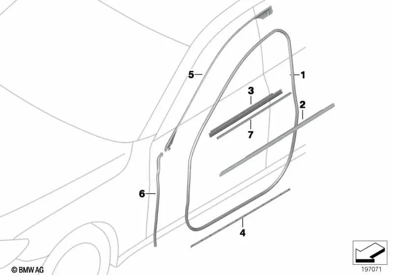 Junta del marco de puerta A-pilar izquierda para BMW F01, F01N, F02, F02N, F04 (OEM 51767177935). Original BMW.