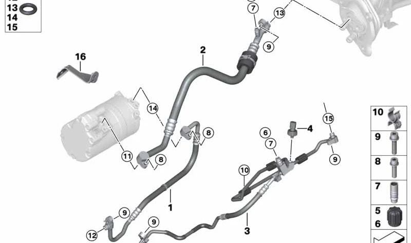 Tubería de presión del compresor al condensador OEM 64539296135 para BMW F30, F31, F34. Original BMW.