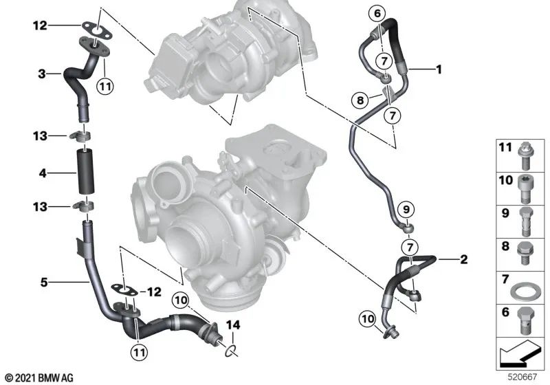 Tubería de aceite avanzador de baja presión para BMW Serie 5 G30, G31 Serie 6 G32 Serie 7 G11, G12, Serie 8 G14, G15, X3 G01, G01N, X4 G02, G02N (OEM 11428515006). Original BMW