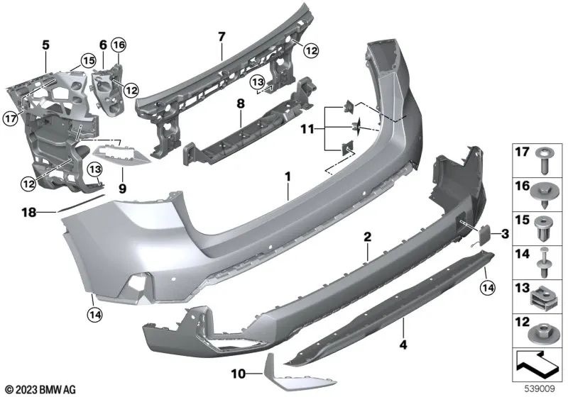 Revestimiento del parachoques trasero izquierdo para BMW X1 U11, U12 (OEM 51129883529). Original BMW