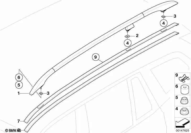 Barra de techo derecha para BMW X3 E83, E83N (OEM 51137052538). Original BMW