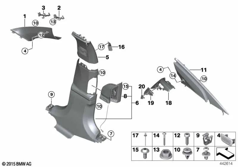 Recubrimiento de columna C superior izquierda para BMW G11, G11N (OEM 51438062831). Original BMW