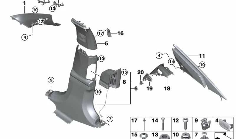 Obere rechte B-Säulenabdeckung für BMW 7er G11, G12 (OEM 51438062828). Original BMW