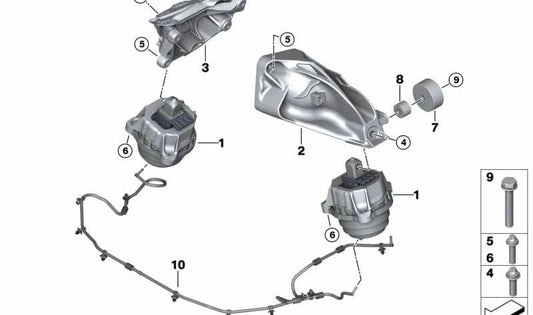 Rechte Motorhalterung für BMW Serie 3 G20, G21, Serie 5 G30, G31, Serie 6 G32, Serie 7 G11, G12, X3 G01, X4 G02, X5 G05, X6 G06, X7 G07 (OEM 22116876220). Original BMW