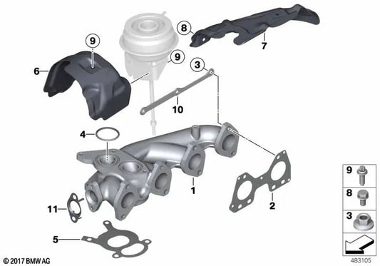 Exhaust manifold for BMW F20, F21, F22, F30, F31, F34, F32, F33, F10, F11, E84, F15 (OEM 11627823221). Genuine BMW.