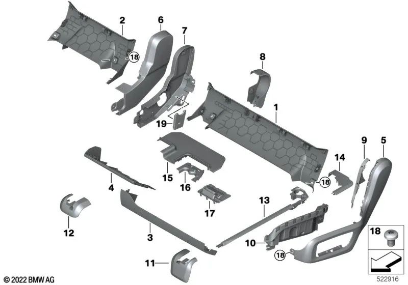 Rechte hintere Sitzschienenabdeckung für BMW G07, G07N (OEM 52207955172). Original BMW.