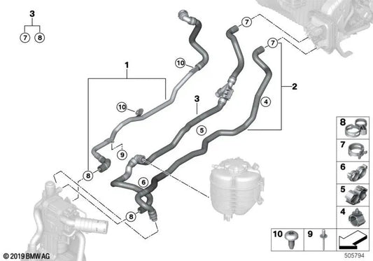 Manguera de Refrigerante de Entrada 1 para BMW Serie 3 G20, G21, Serie 4 G22, G23, G26 (OEM 64219398965). Original BMW.