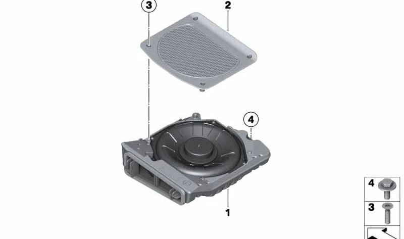 Subwoofer Esquerda OEM LEGADOR 65139210149 para BMW F20, F21, F22, F23, F87, F30, F31, F34, F80, F32, F33, F36, F82, F83. BMW original.