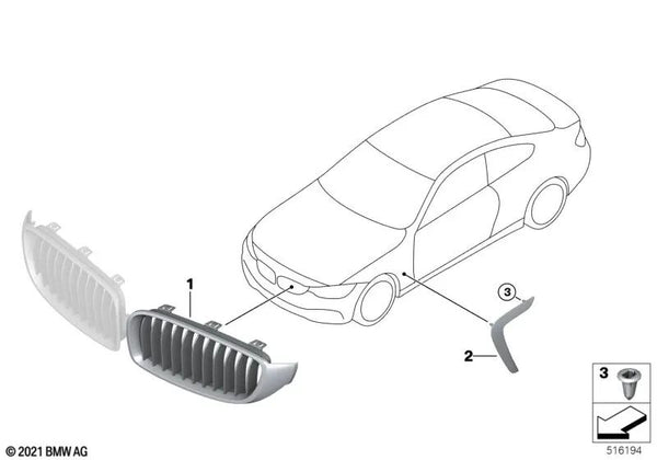 Rejilla decorativa delantera izquierda para BMW Serie 4 F32N, F33N, F36, F36N (OEM 51135A3D027). Original BMW.