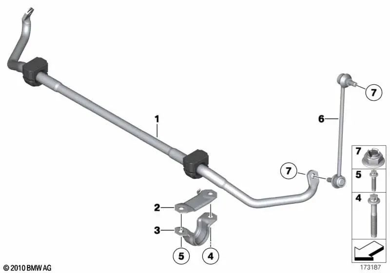 Estabilizador con Cojinete de Goma Delantero para BMW Serie 5 F10, F11, F18 Serie 6 F06, F12, F13 (OEM 31356791924). Original BMW