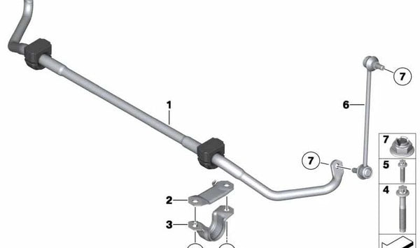 Barra estabilizadora delantera con soporte OEM 31356853088 para BMW F10, F11, F06, F12, F13. Original BMW.