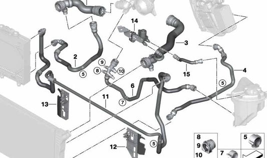 Manguera de refrigerante OEM 17127807033 para BMW F07, F10, F11, F06, F12, F13, F01, F02. Original BMW.