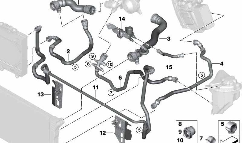 Manguera de refrigerante OEM 17128511760 para BMW F07, F10, F11, F01, F02. Original BMW.