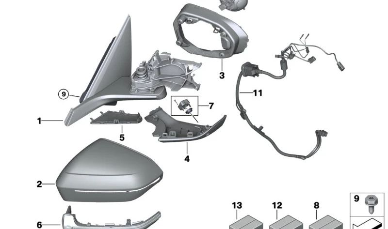 Espejo Exterior Cromado sin Piezas de Montaje izquierdo para BMW G70 (OEM 51165A356D3). Original BMW