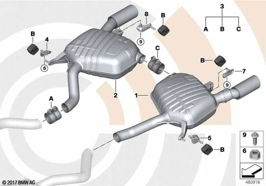 Silenciador trasero izquierdo con válvula de escape para BMW E90, E90N, E91, E91N (OEM 18307553827). Original BMW