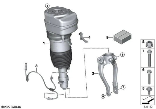 Amortiguador neumático delantero derecho para BMW G70 (OEM 37105A3DF22). Original BMW