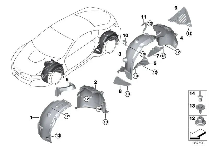 Cubierta del paso de rueda trasera derecha para BMW i I12, I12N, I15 (OEM 51717328626). Original BMW.