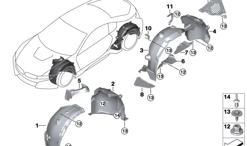 Cubierta Aero trasera derecha para BMW I12, I15, I12N (OEM 51487328616). Original BMW