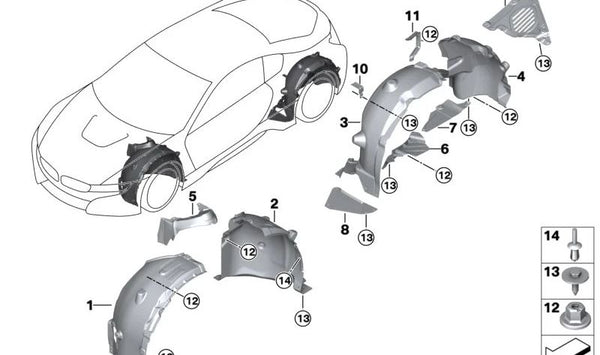 Revestimiento paso de rueda delantero izquierdo OEM 51717375707 para BMW I12, I15. Original BMW.