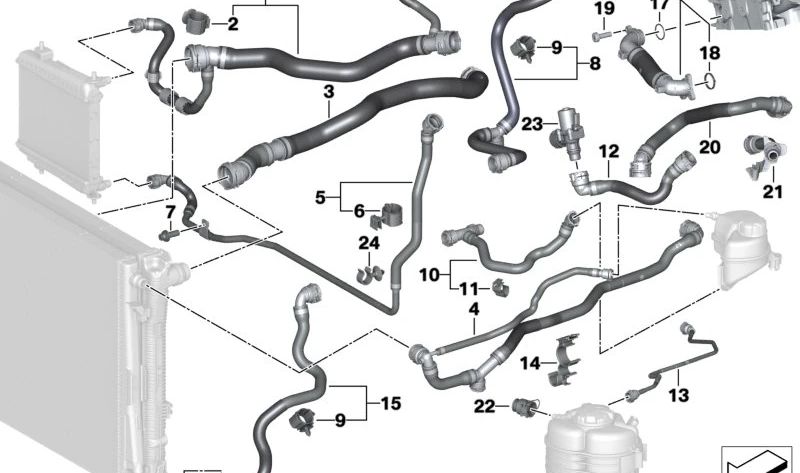 Manguera del radiador de refrigerante desplazado para BMW Z4 G29 (OEM 17128653612). Original BMW