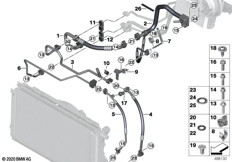 Sujeción de manguera para BMW Serie 1 E82, E88 Serie 3 E90, E91, E92, E93 Serie 5 E60, E61 Serie 6 E63, E64 Serie 7 E65, E66, F01, F02 i I01 Z4 E89 (OEM 17127533721). Original BMW.