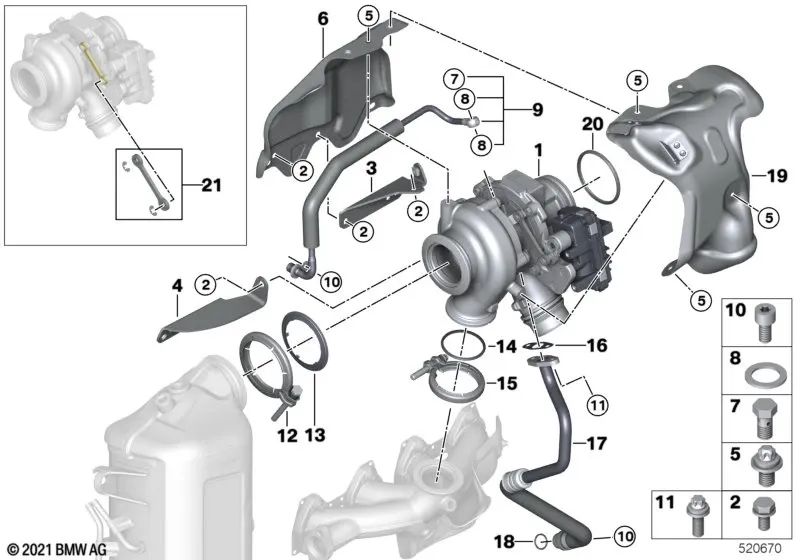 Placa protectora térmica del turbocompresor de escape para BMW Serie 1 F20N, F21N; Serie 2 F45, F46; X1 F48; X2 F39 (OEM 11658571893). Original BMW.