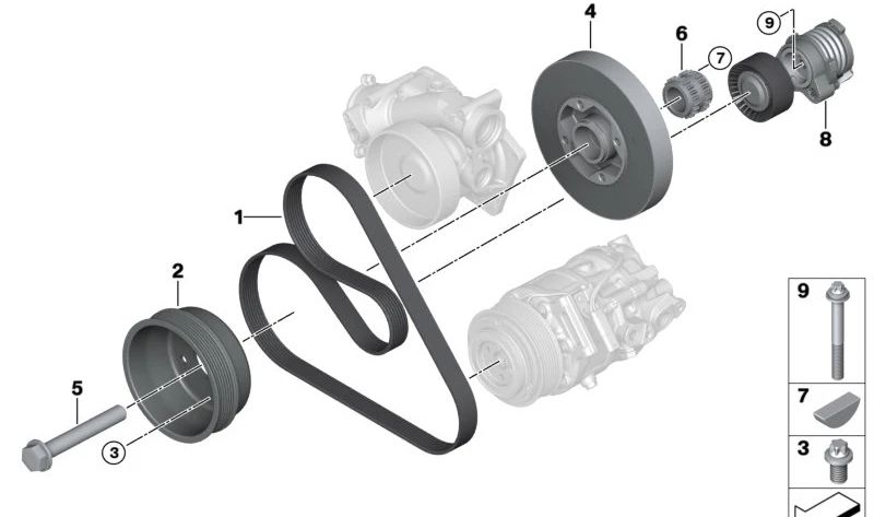 Tensor de correa para BMW Serie 5 F07, F10, F11, F90, G30, G31, Serie 6 F06, F12, F13, Serie 7 F01, F02, F04, G11, G12, G70, Serie 8 F91, F92, G14, G15, G16, X5 E70, F15, F85, G05, X6 E71, F16, F86, G06, X7 G07 (OEM 11287549873). Original BMW.