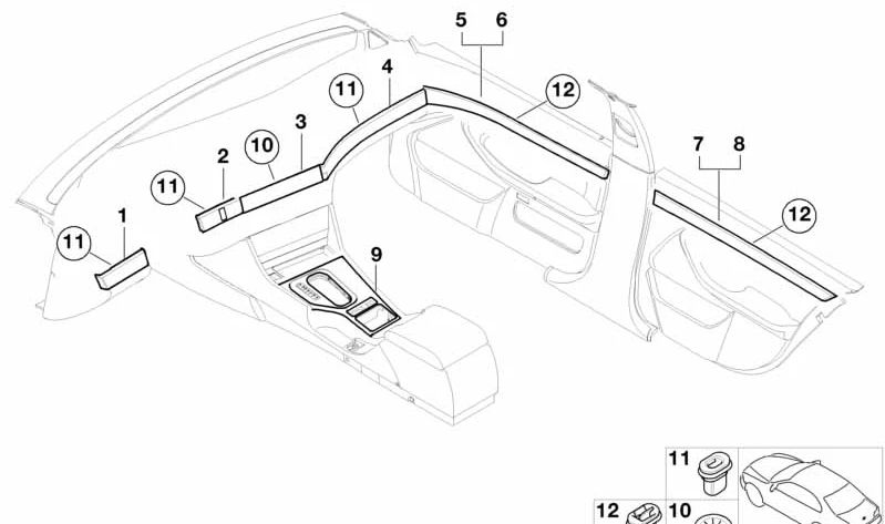 Listón embellecedor puerta trasera derecha OEM 51427050886 para BMW E39. Original BMW.