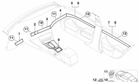 Moldura de madera puerta trasera izquierda OEM 51427050885 para BMW E39. Original BMW.