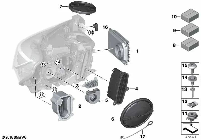 LED-Scheinwerfermodul für BMW F80, F32, F33, F36, F82, F83, F07N, F10, F10N, F11N, F18N, F01N, F02N, F25, F26, F15, F85, F16, F86 (OEM 63117354974). Original BMW.