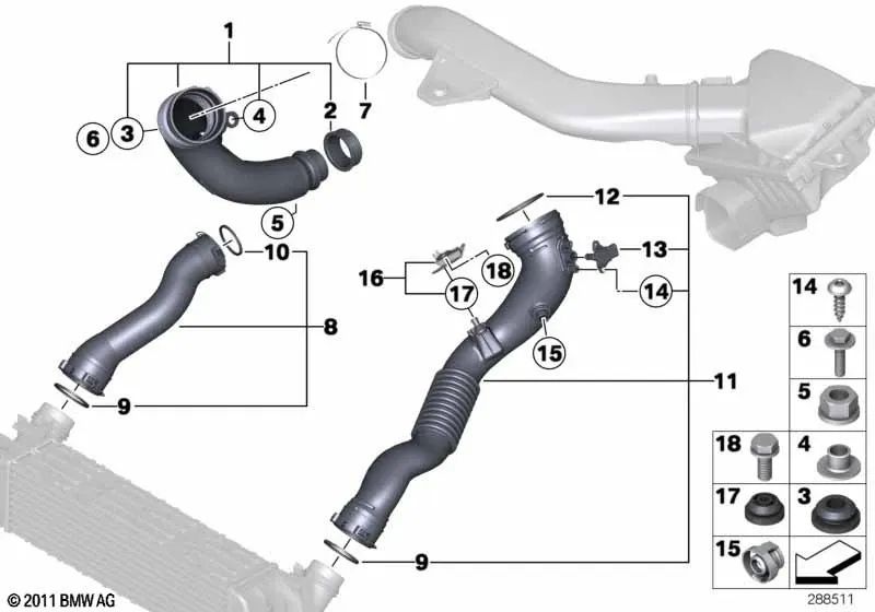 Ladeluftrohr para BMW Serie 1 F20, F21 Serie 2 F22, F23 Serie 3 F30, F31, F34, F35 Serie 4 F32, F33, F36 (OEM 13717602652). Original BMW