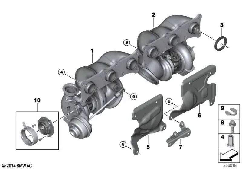 Exhaust turbocharger heat protection plate for BMW E82, E88, E90, E91, E92, E93, E60N, E61N, F01, F02, E71, E89 (OEM 11797558904). Genuine BMW