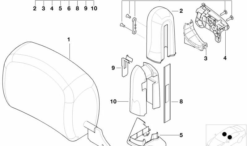 Cubierta lateral izquierda para reposacabezas OEM 52107003543 para BMW E46, E93, E64. Original BMW.