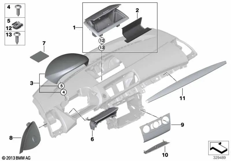 Compartimento de almacenamiento en el tablero de instrumentos superior para BMW Serie 1 E81, E82, E87N, E88 (OEM 51459127054). Original BMW