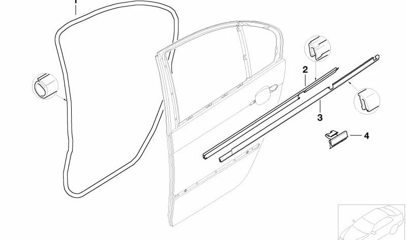 Sello de puerta trasero derecho para BMW Serie 3 E46 (OEM 51348194698). Original BMW