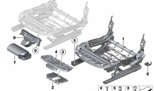 Right electric seat mechanics for BMW F20, F30, F31, F34, F80, F36 (OEM 52107243528). Original BMW.