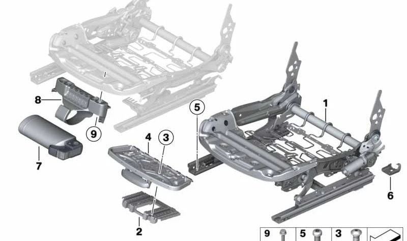 Mecanismo de asiento eléctrico derecho para BMW F20, F30, F36 (OEM 52107243530). Original BMW