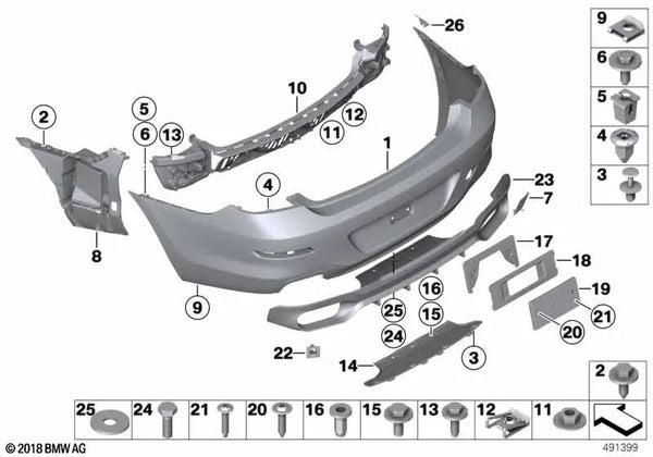 Revestimiento parachoques trasero imprimado para BMW F06, F12, F13 (OEM 51127261575). Original BMW.