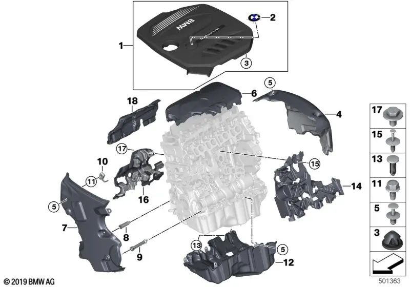 Cubierta acústica trasera para BMW Serie 5 G30, G30N, G31, Serie 7 G11, G12, X3 G01, G01N, X4 G02, G02N (OEM 11148573146). Original BMW