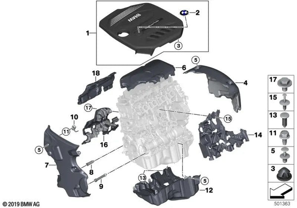 Cubierta acústica izquierda para BMW G30, G30N, G31, G11, G12, G01, G01N, G02, G02N (OEM 11148574088). Original BMW.