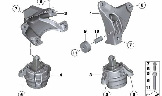 Soporte de motor derecho para BMW F10, F11, F18, F02N (OEM 22116775914). Original BMW.