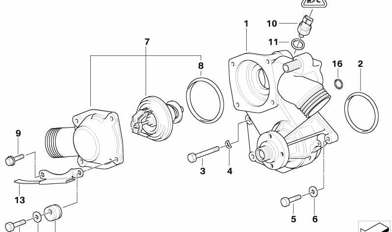 Brida de conexión con termostato OEM 11531704704 para BMW E38, E31, E32, E34 y E36. Original BMW.